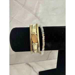 Boho‎ Faceted Gem Gold tone Faux Leather Magnetic Clasp Bracelet 7.5 in